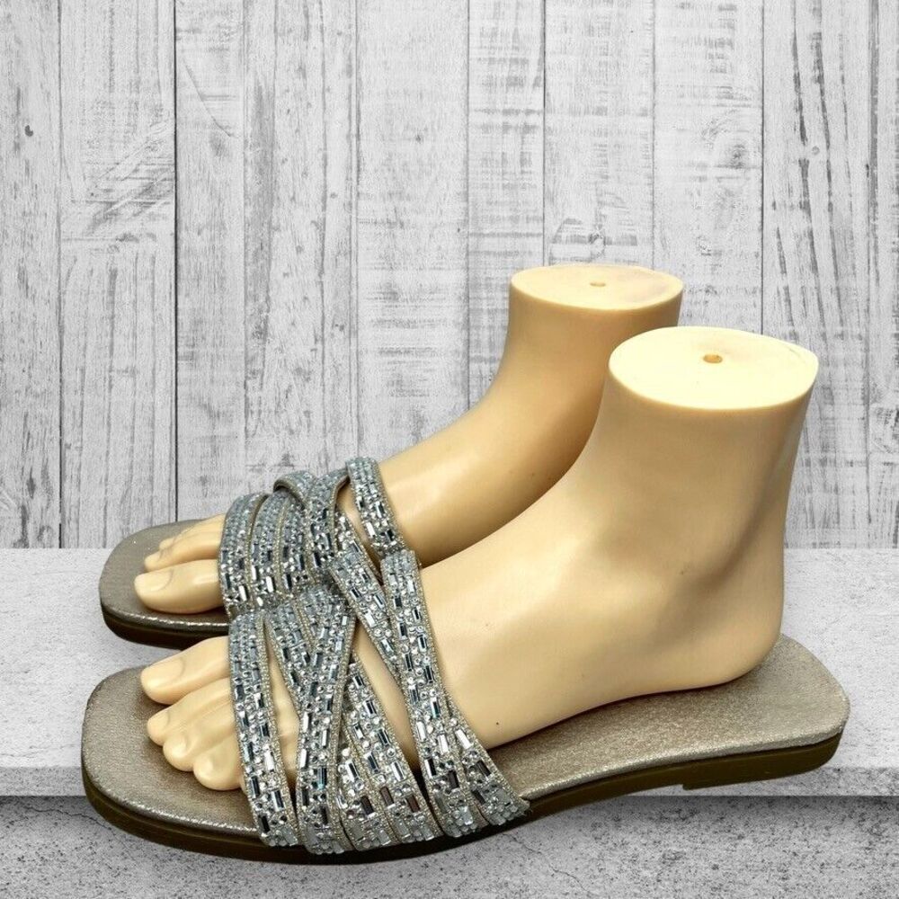 Kelly & Katie Women's Fashin-HF Tan Silver Rhinestone Slide Sandal Size 9